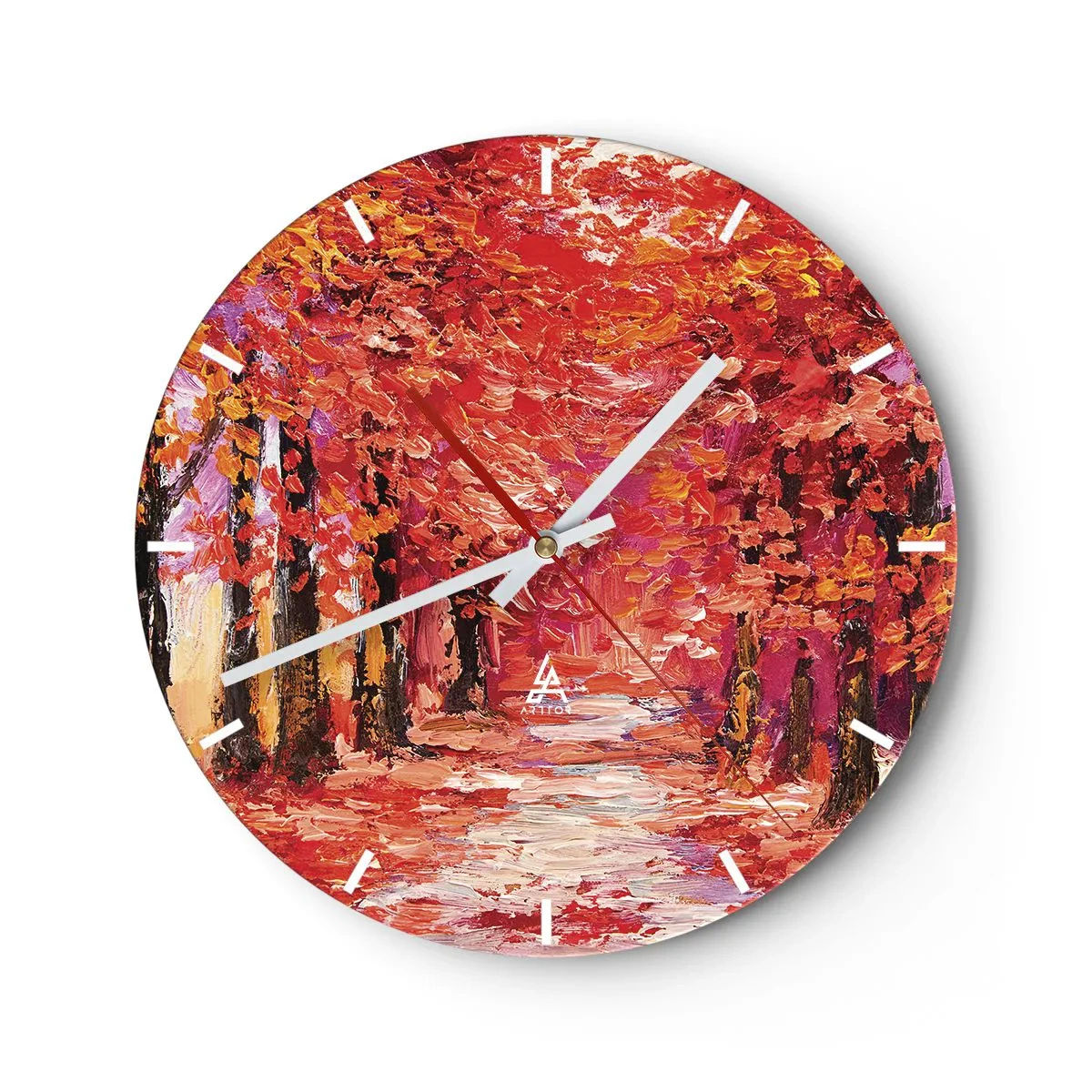 Relógio de parede - Relógio em vidro - Um beco outonal em tons intensos de vermelho - 30x30cm - Impressão de outono - Decoração de parede moderna para a sala de estar, cozinha e quarto ARTTOR
