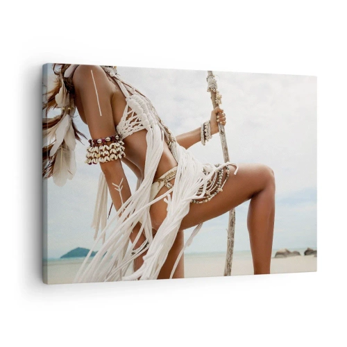 Quadro em tela - Uma figura feminina com ornamentos e roupas étnicas tendo como pano de fundo uma paisagem tropical. - 70x50cm - Sacerdotisa do Sol - Decoração de parede moderna para a sala de estar e quarto ARTTOR