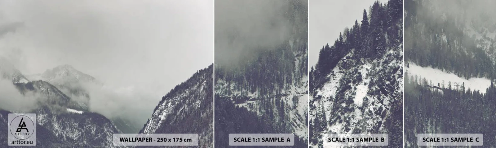 Amostra de papel de parede autocolante Deluxe Sticker - Vale nebuloso - Montanhas, Floresta, Paisagem - 100x30 cm