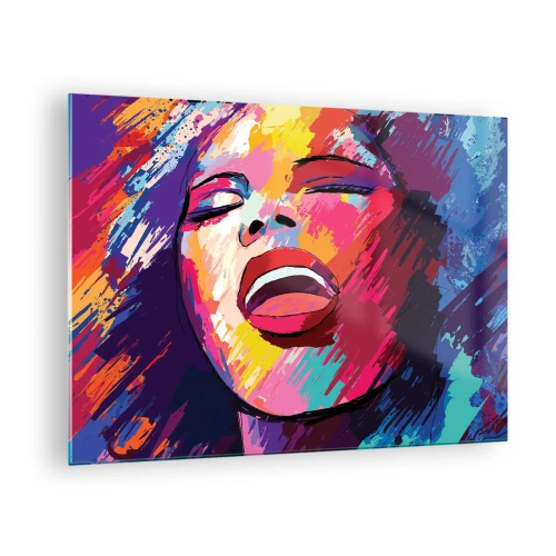 Quadro em vidro - Retrato abstrato de uma mulher em cores intensas - 70x50cm - Cantar uma vida inteira - Decoração de parede moderna para a sala de estar e quarto ARTTOR