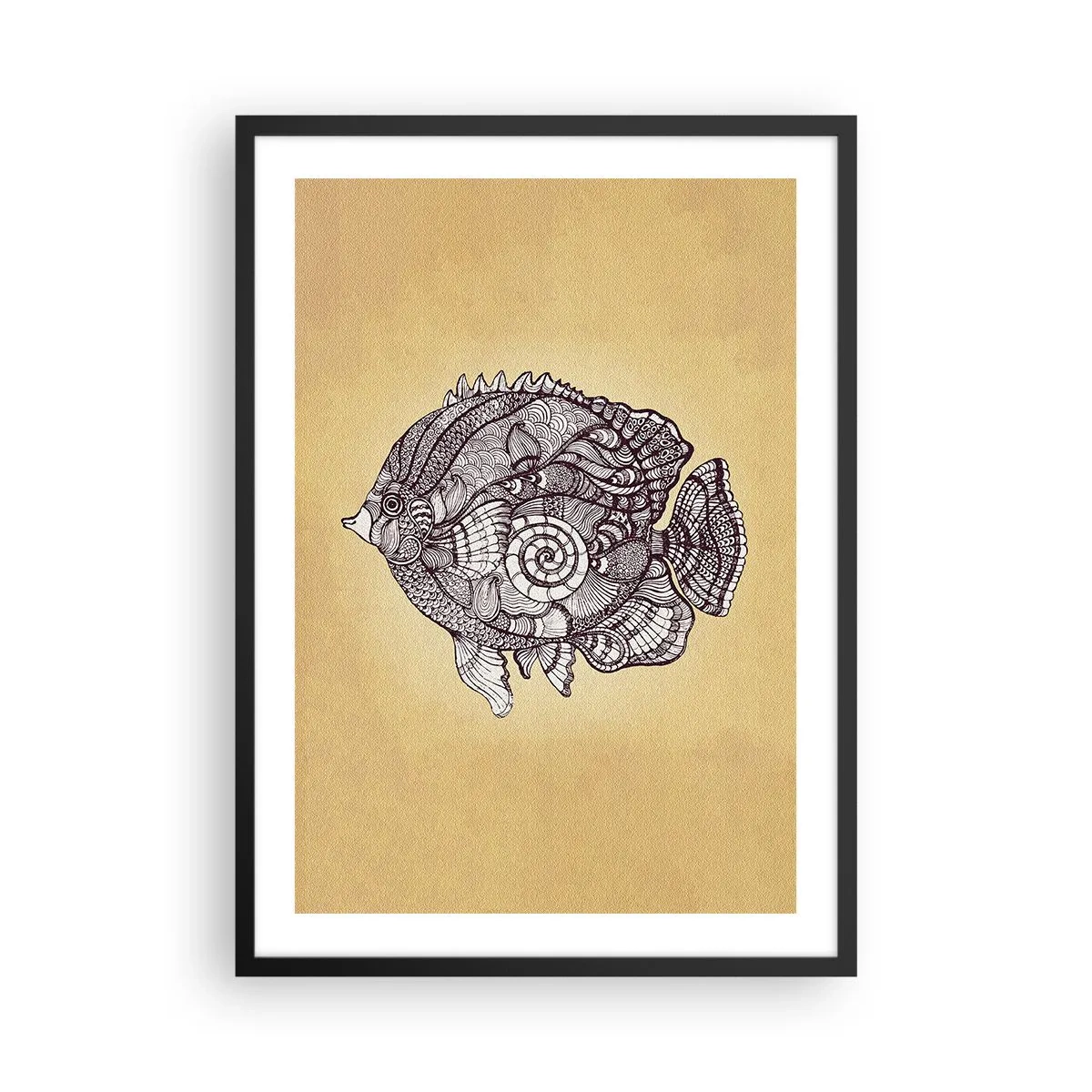 Pôster com moldura preta - Peixe artístico em estilo mandala sobre fundo bege - 50x70cm - De um oceano de enfeites - Decoração de parede moderna para a sala de estar e quarto ARTTOR