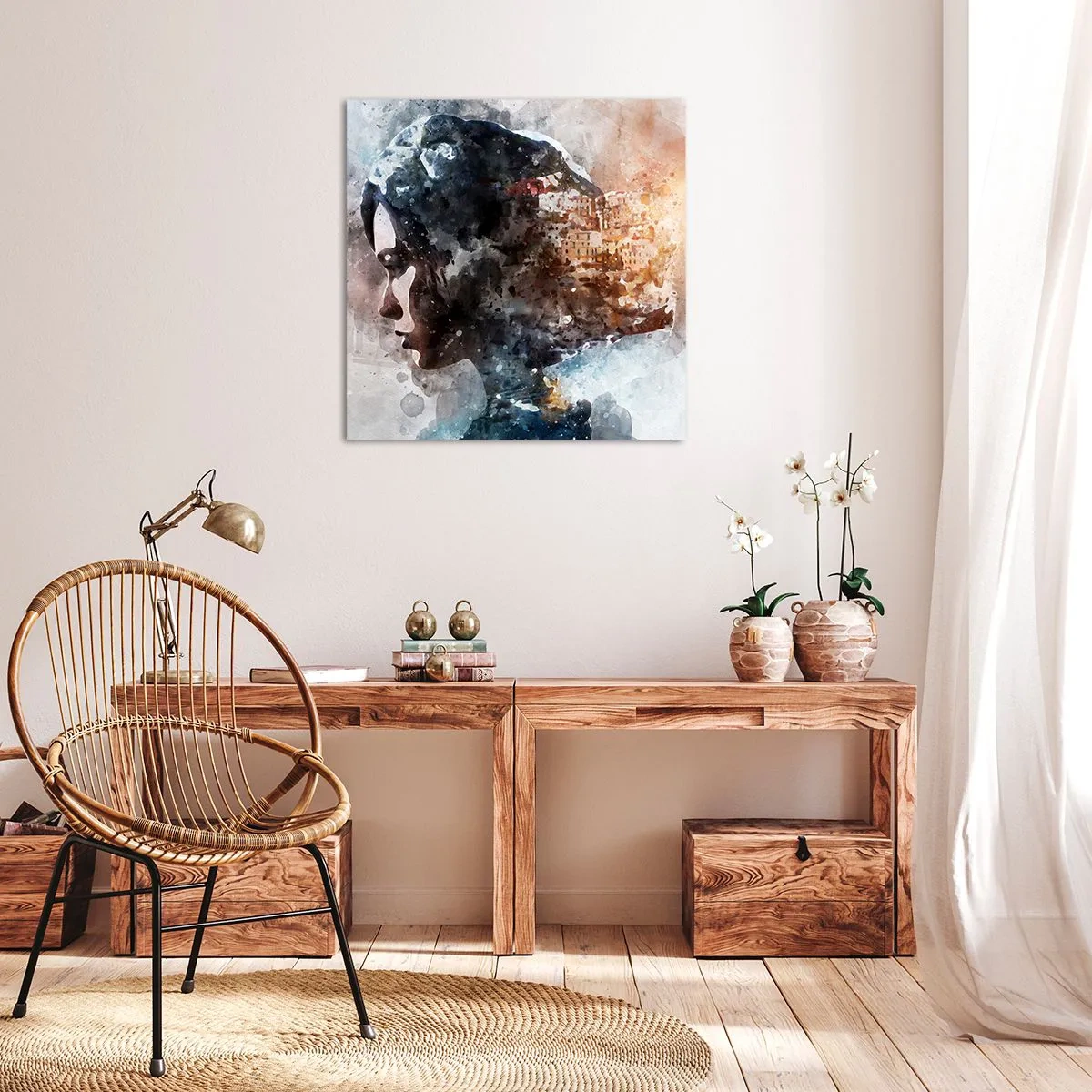 Quadro em tela - Uma história sobre uma menina e uma cidade ao fundo - 50x50 cm