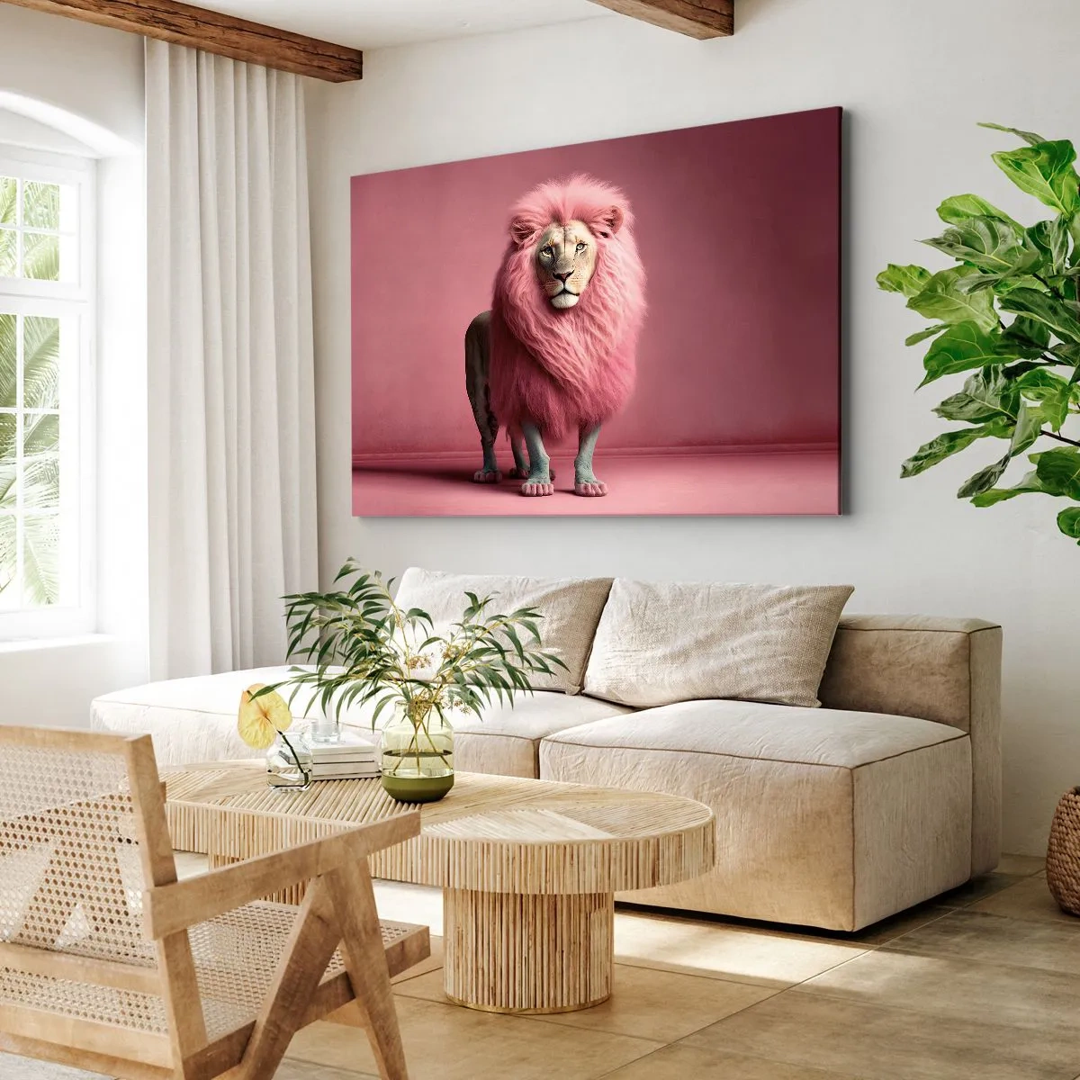 Quadro em tela - Um leão artisticamente representado com uma juba rosa em um fundo rosa - 70x50cm - Não tens mais medo - Decoração de parede moderna para a sala de estar e quarto ARTTOR