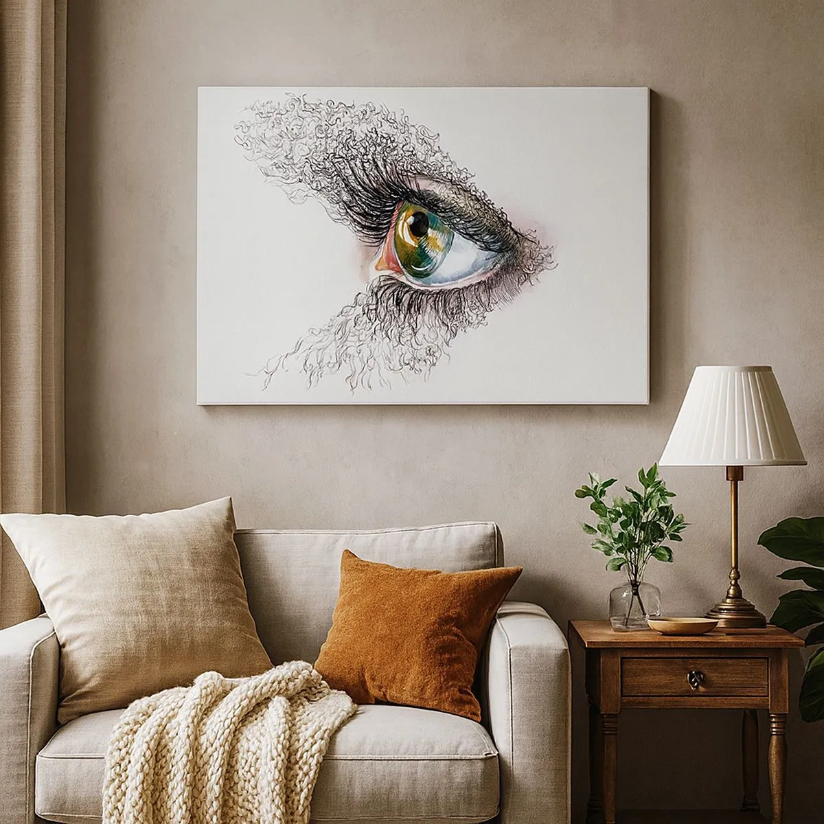Quadro em tela - Um olho artístico com íris verde-amarelada e detalhes complexos. - 70x50cm - Olhe diretamente para a alma - Decoração de parede moderna para a sala de estar e quarto ARTTOR
