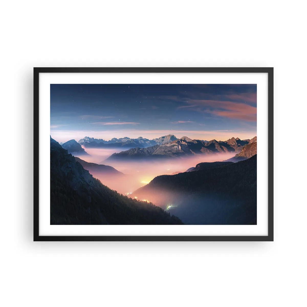 Pôster com moldura preta - Luz nos vales - 70x50 cm