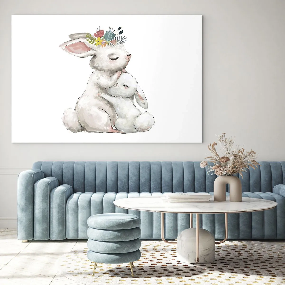 Quadro em vidro - Dois coelhos fofinhos em tons pastel - 70x50cm - Nada melhor do que amor de mãe - Decoração de parede moderna para a sala de estar e quarto ARTTOR