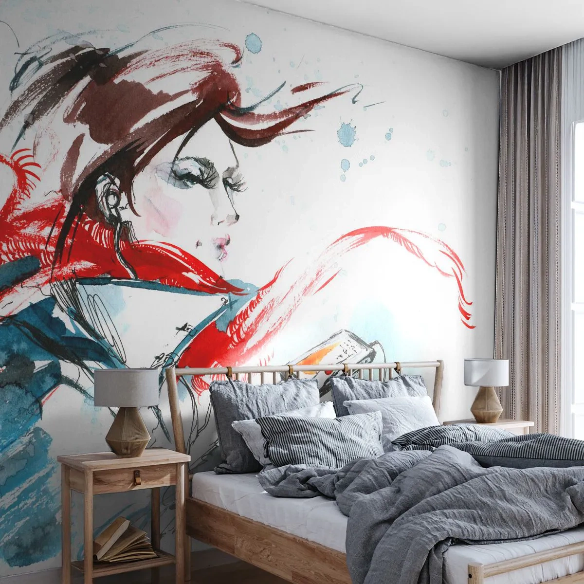 Papel de Parede Standard Eco - Mulher estilosa com lenço ao vento ouvindo música - 100x70cm - Algo está a tocar dentro de mim - Decoração de parede moderna para a sala de estar e quarto ARTTOR