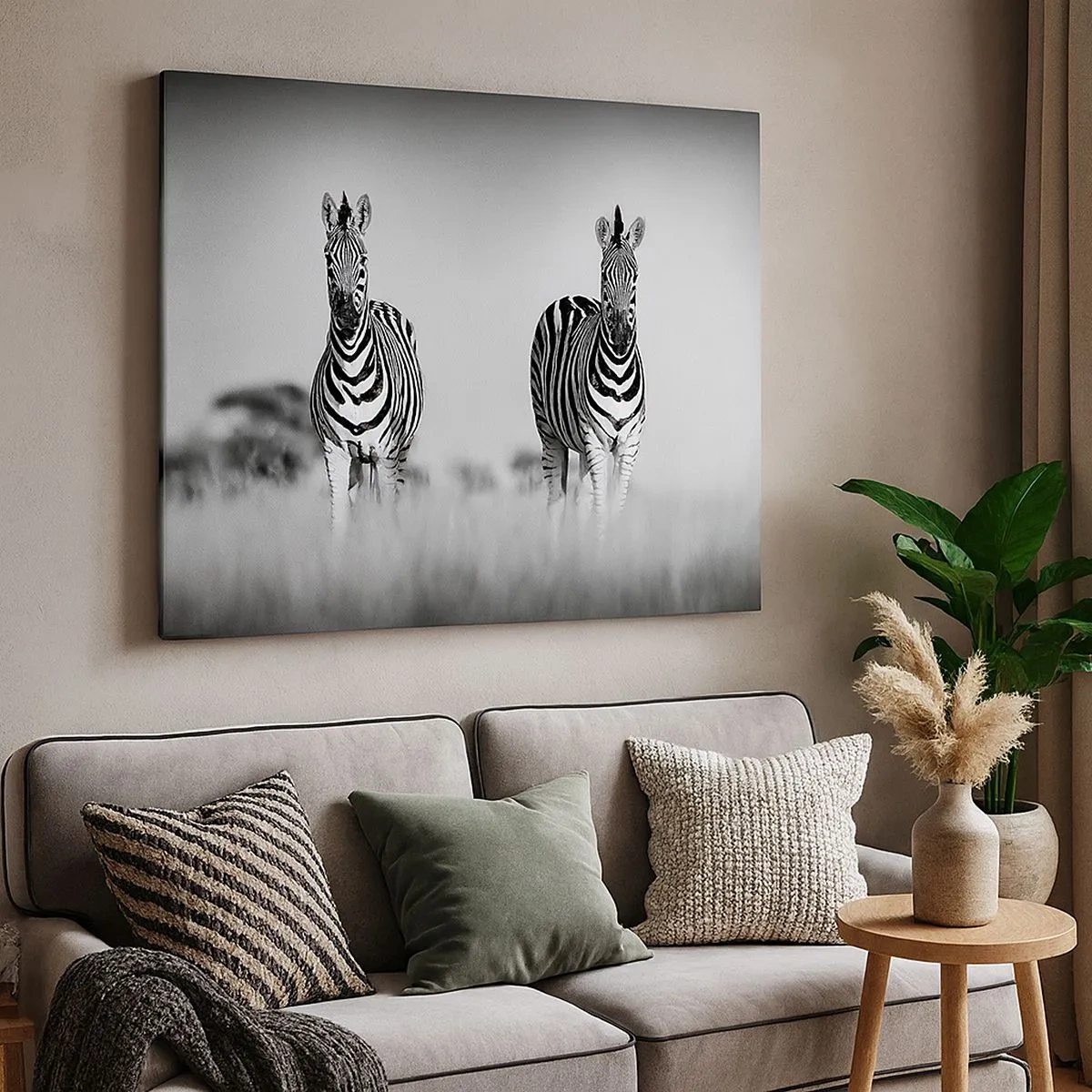 Quadro em tela - Duas zebras na savana em estilo monocromático - 70x50cm - De fato, o mundo é a preto e branco - Decoração de parede moderna para a sala de estar e quarto ARTTOR