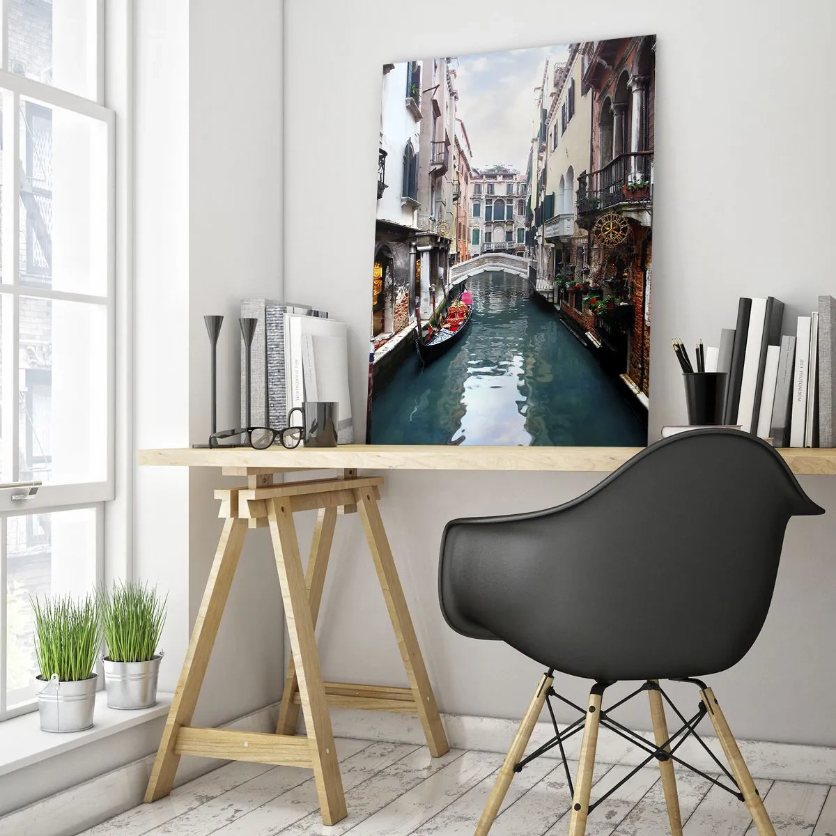 Quadro em vidro - Paisagem veneziana com gôndola e ponte - 50x70 cm