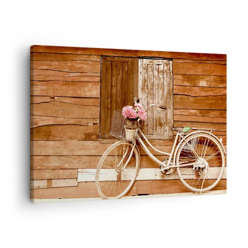 Quadro em tela - Uma bicicleta com uma cesta cheia de rosas contra uma parede de madeira - 70x50cm - Volto logo - Decoração de parede moderna para a sala de estar e quarto ARTTOR