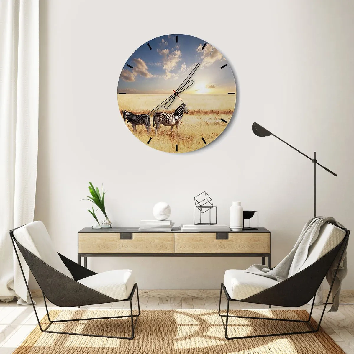 Relógio de parede - Relógio em vidro - Zebras na savana durante o pôr do sol - 30x30cm - Vá embora, não perturbe - Decoração de parede moderna para a sala de estar, cozinha e quarto ARTTOR