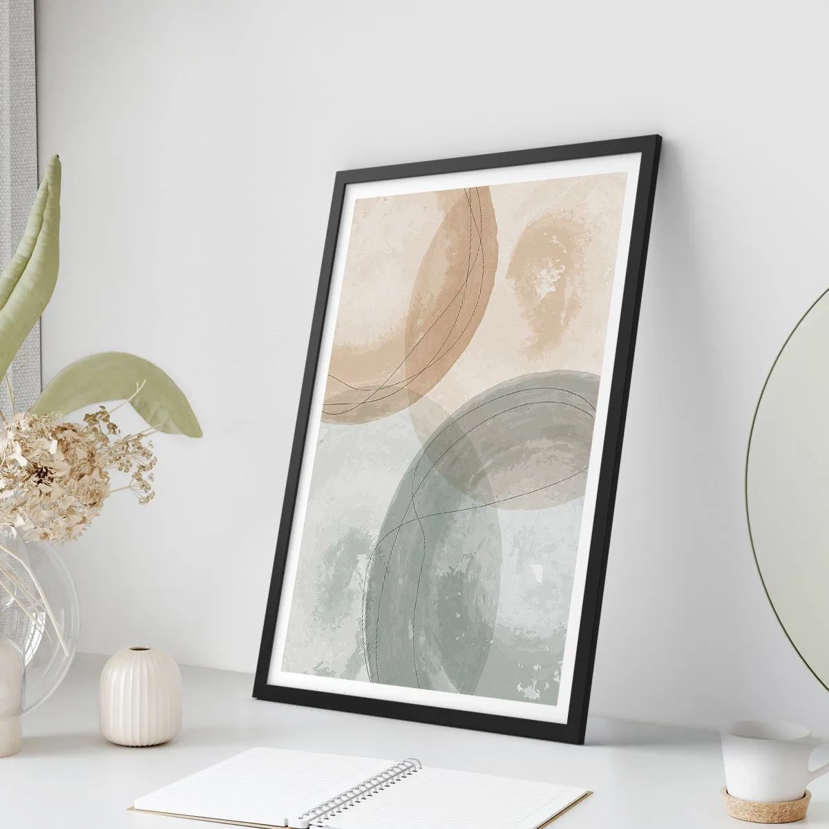 Pôster com moldura preta - Formas geométricas em tons terrosos pastéis - 50x70cm - Difusão de Mundos - Decoração de parede moderna para a sala de estar e quarto ARTTOR