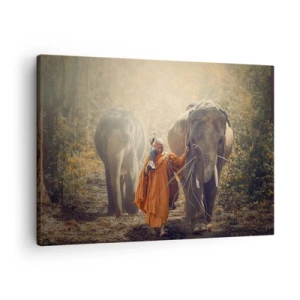 Quadro em tela - Um monge com uma túnica laranja conduz um elefante pela floresta. - 70x50cm - Compreensão completa - Decoração de parede moderna para a sala de estar e quarto ARTTOR