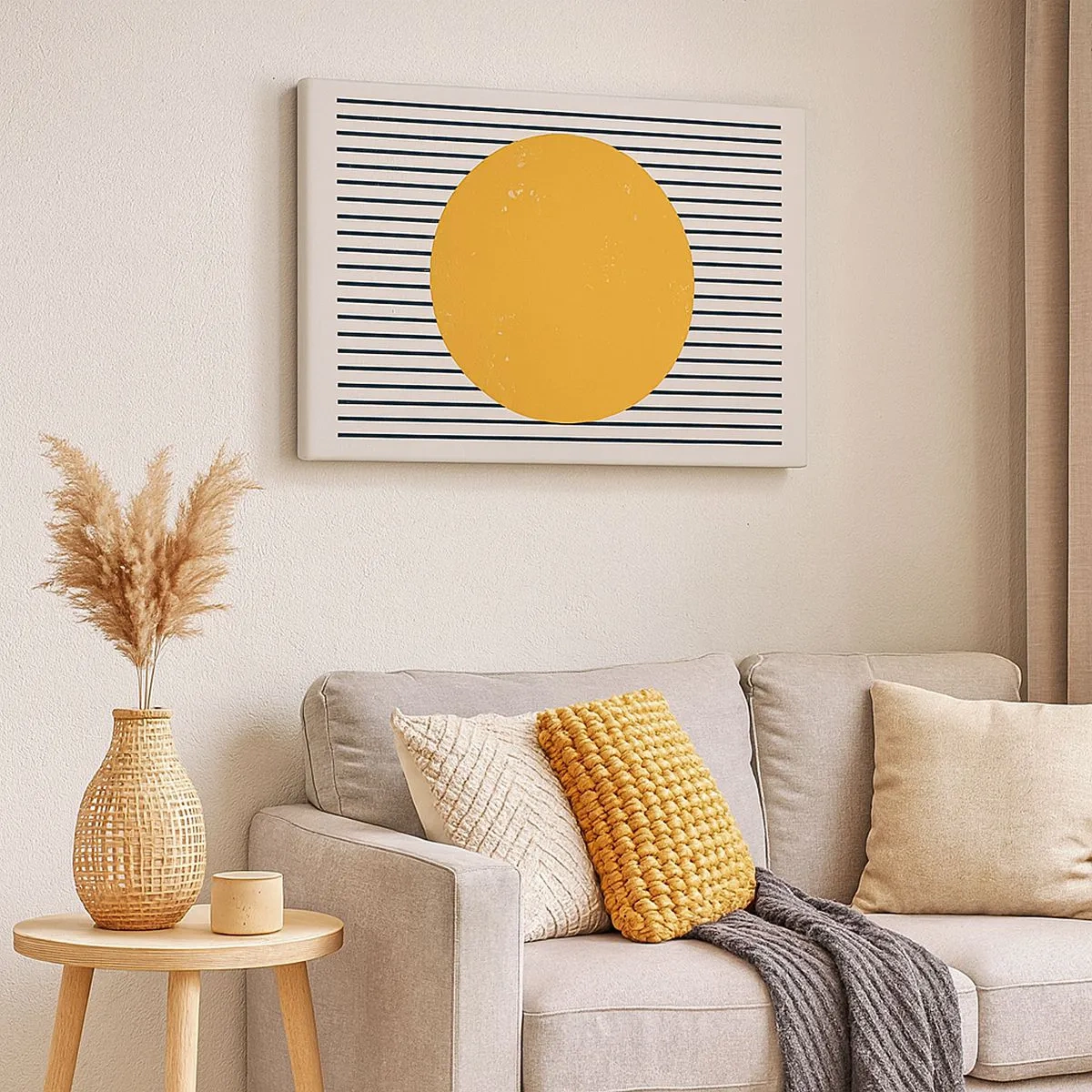 Quadro em tela - Um círculo amarelo em um fundo de linhas horizontais pretas e brancas - 70x50cm - O poder da simplicidade - Decoração de parede moderna para a sala de estar e quarto ARTTOR