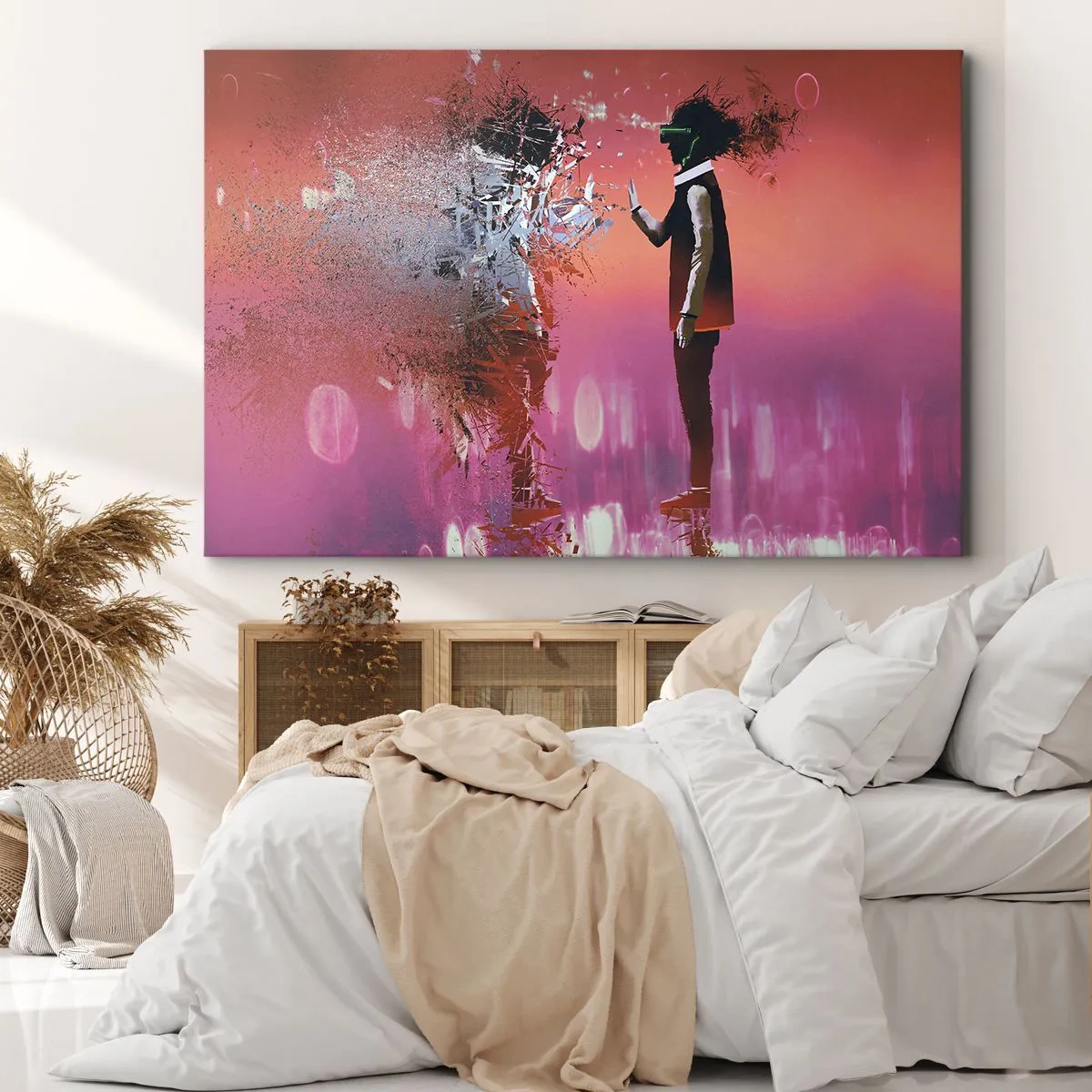 Quadro em tela - Uma cena abstrata com uma figura futurista e elementos dispersos. - 70x50cm - É possível olhar para dentro de si mesmo? - Decoração de parede moderna para a sala de estar e quarto ARTTOR