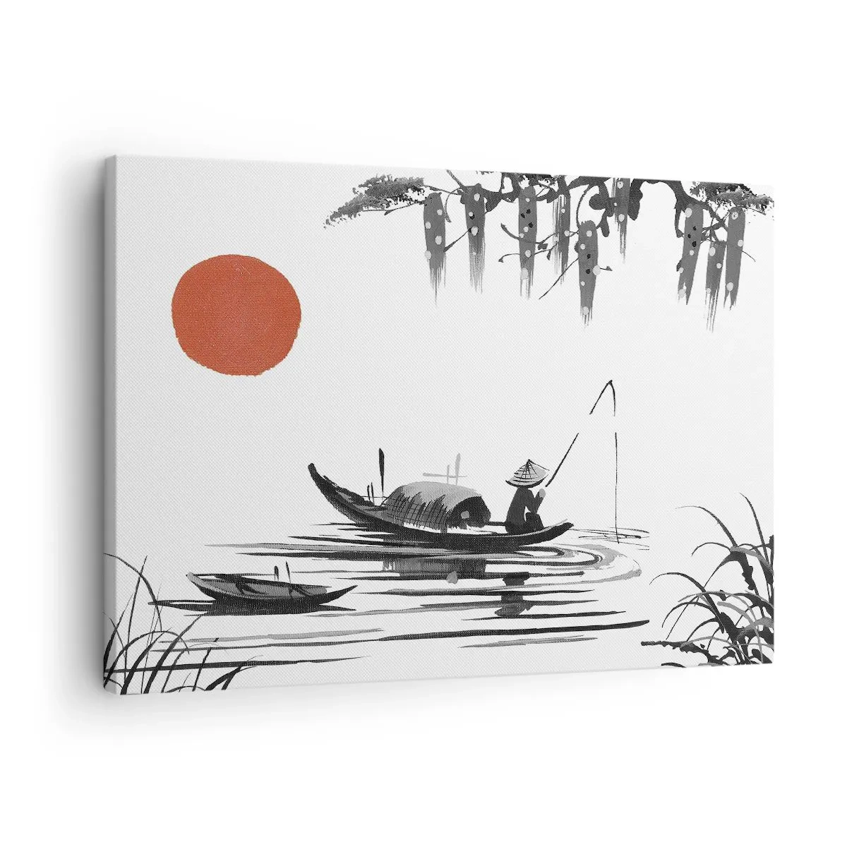 Quadro em tela - Paisagem oriental com um pescador em um barco e um sol vermelho - 70x50cm - Tarde asiática - Decoração de parede moderna para a sala de estar e quarto ARTTOR