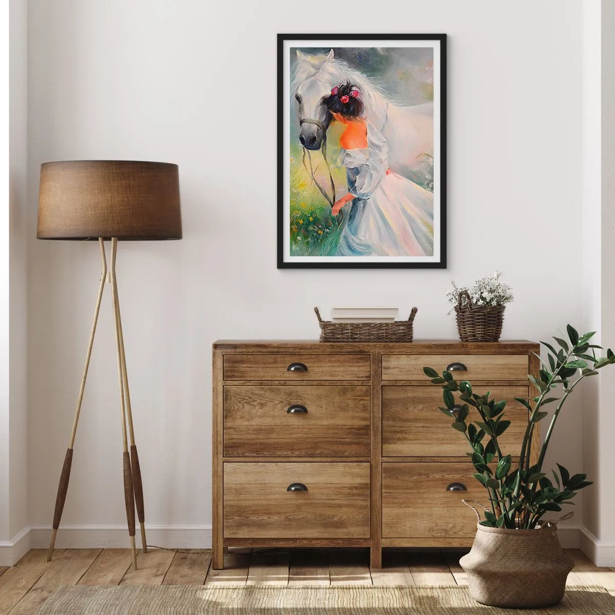 Pôster com moldura preta - Uma mulher com um cavalo branco em estilo pictórico - 50x70cm - Como um belo sonho - Decoração de parede moderna para a sala de estar e quarto ARTTOR