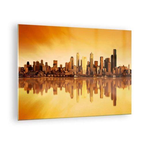 Quadro em vidro - Panorama da cidade sob a luz dourada do pôr do sol - 70x50cm - Silêncio da metrópole - Decoração de parede moderna para a sala de estar e quarto ARTTOR