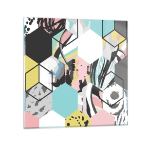 Quadro em vidro - Hexágonos e cubos em seis cores - 60x60 cm