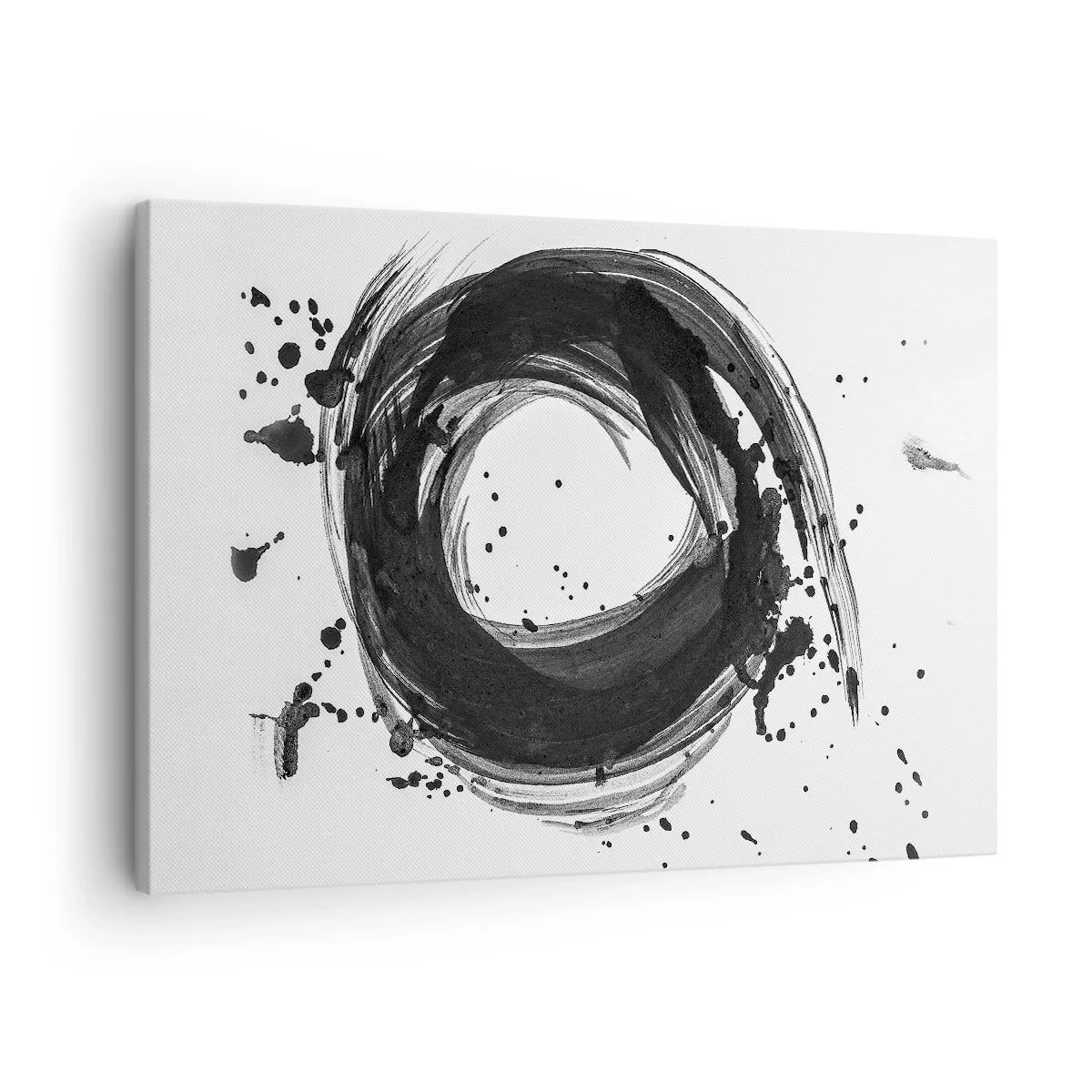 Quadro em tela - Abstração preta em forma de círculo sobre fundo branco - 70x50cm - O vórtice da criação - Decoração de parede moderna para a sala de estar e quarto ARTTOR