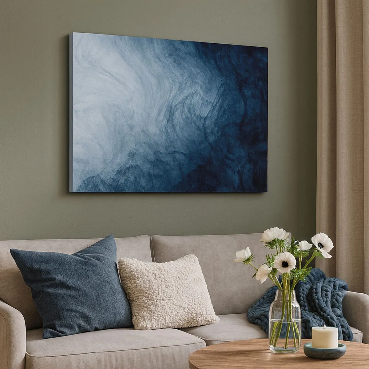 Quadro em tela - Uma composição abstrata em tons de azul e azul marinho. - 70x50cm - Nas profundezas - Decoração de parede moderna para a sala de estar e quarto ARTTOR