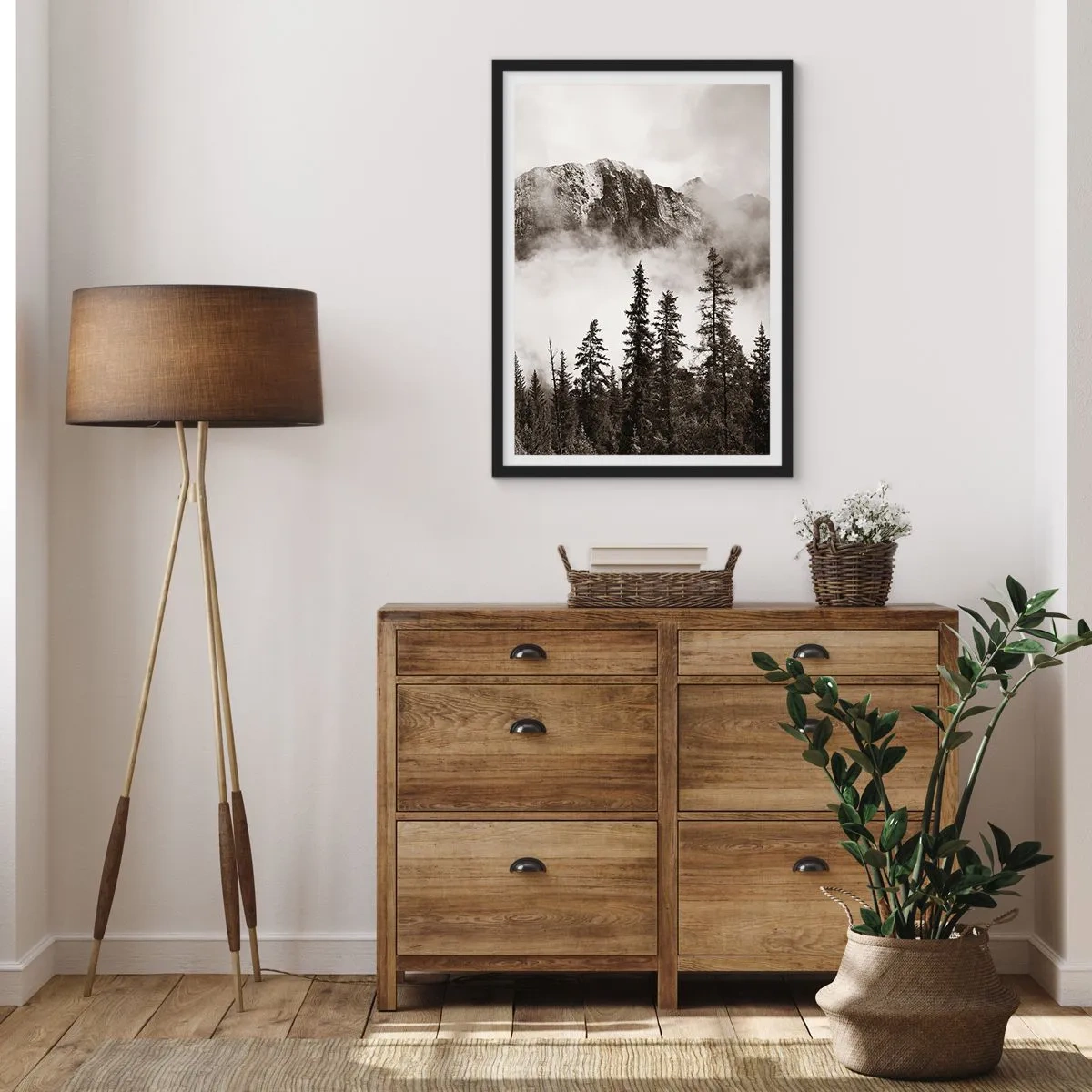 Pôster com moldura preta - Paisagem montanhosa com árvores e neblina - 50x70cm - O soberano de granito - Decoração de parede moderna para a sala de estar e quarto ARTTOR