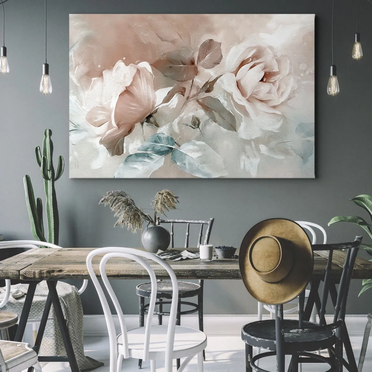 Quadro em tela - Rosas delicadas em tons pastéis sobre fundo claro - 70x50cm - O espírito do romantismo - Decoração de parede moderna para a sala de estar e quarto ARTTOR