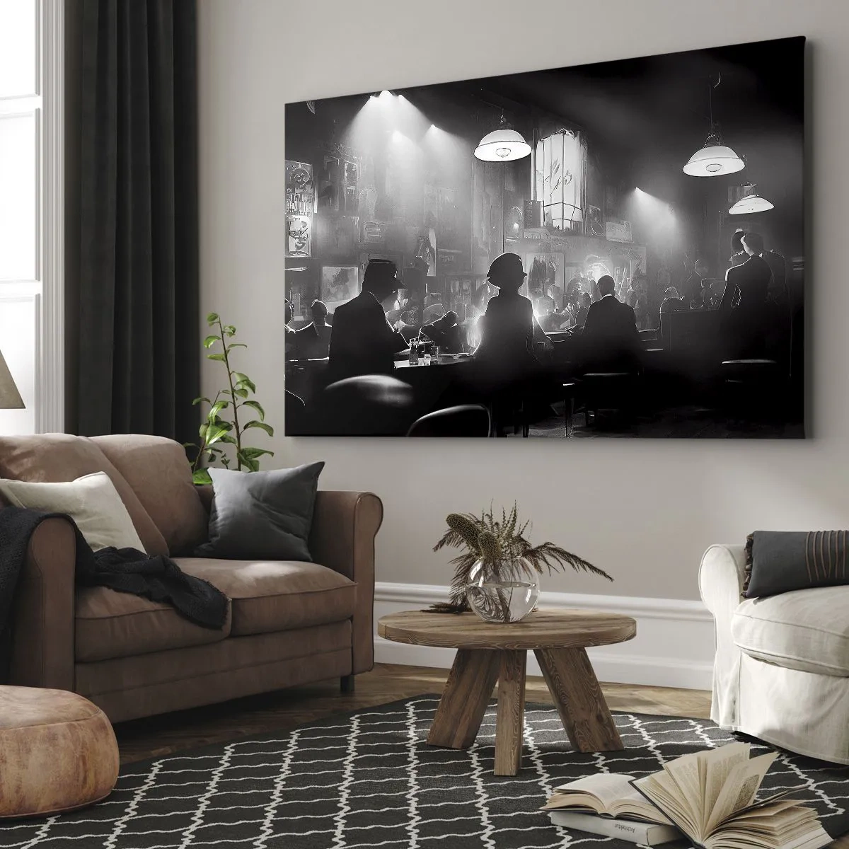 Quadro em tela - Cena de boate de jazz em preto e branco - 70x50cm - Em uma atmosfera de jazz - Decoração de parede moderna para a sala de estar e quarto ARTTOR