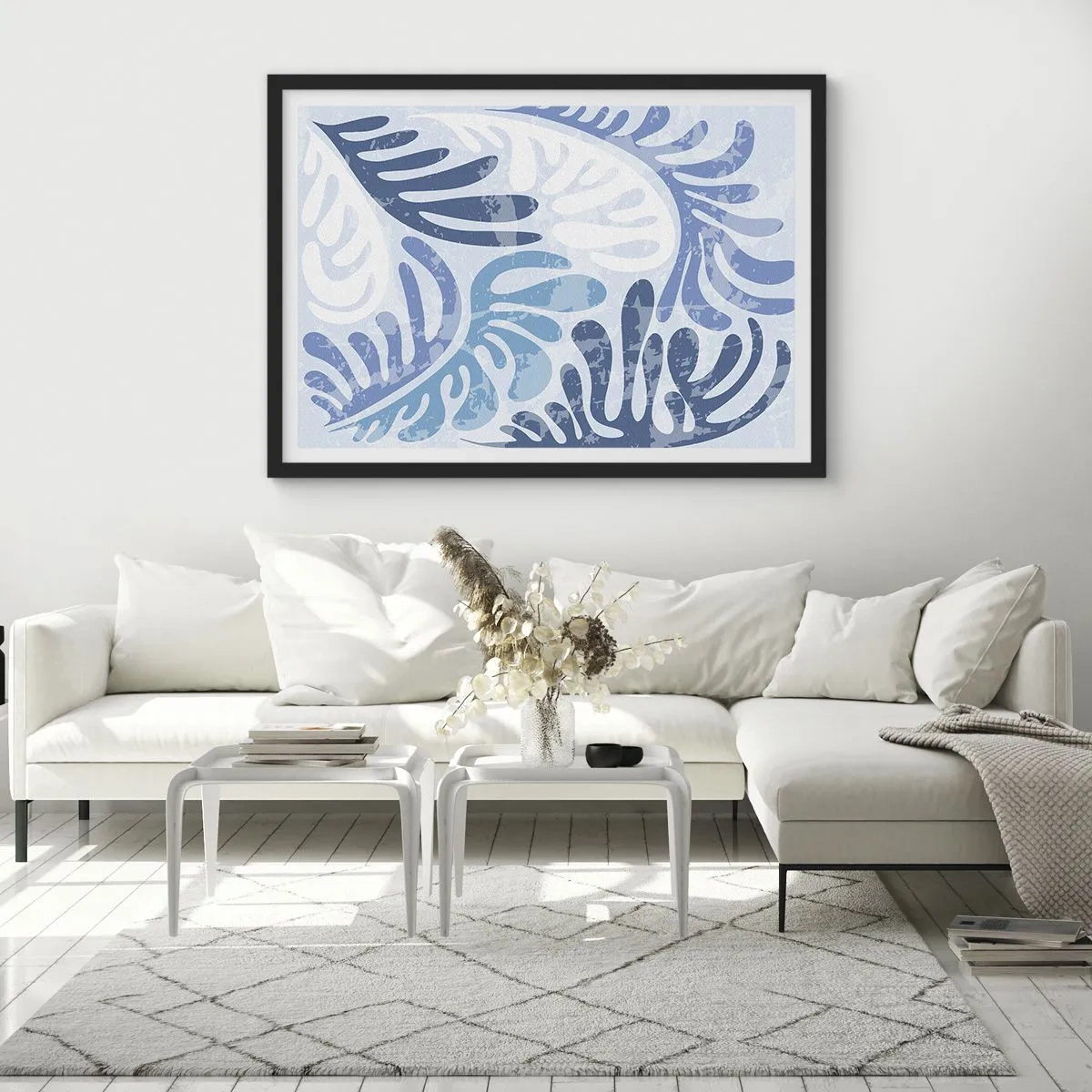 Pôster com moldura preta - Samambaias azuis - 70x50 cm