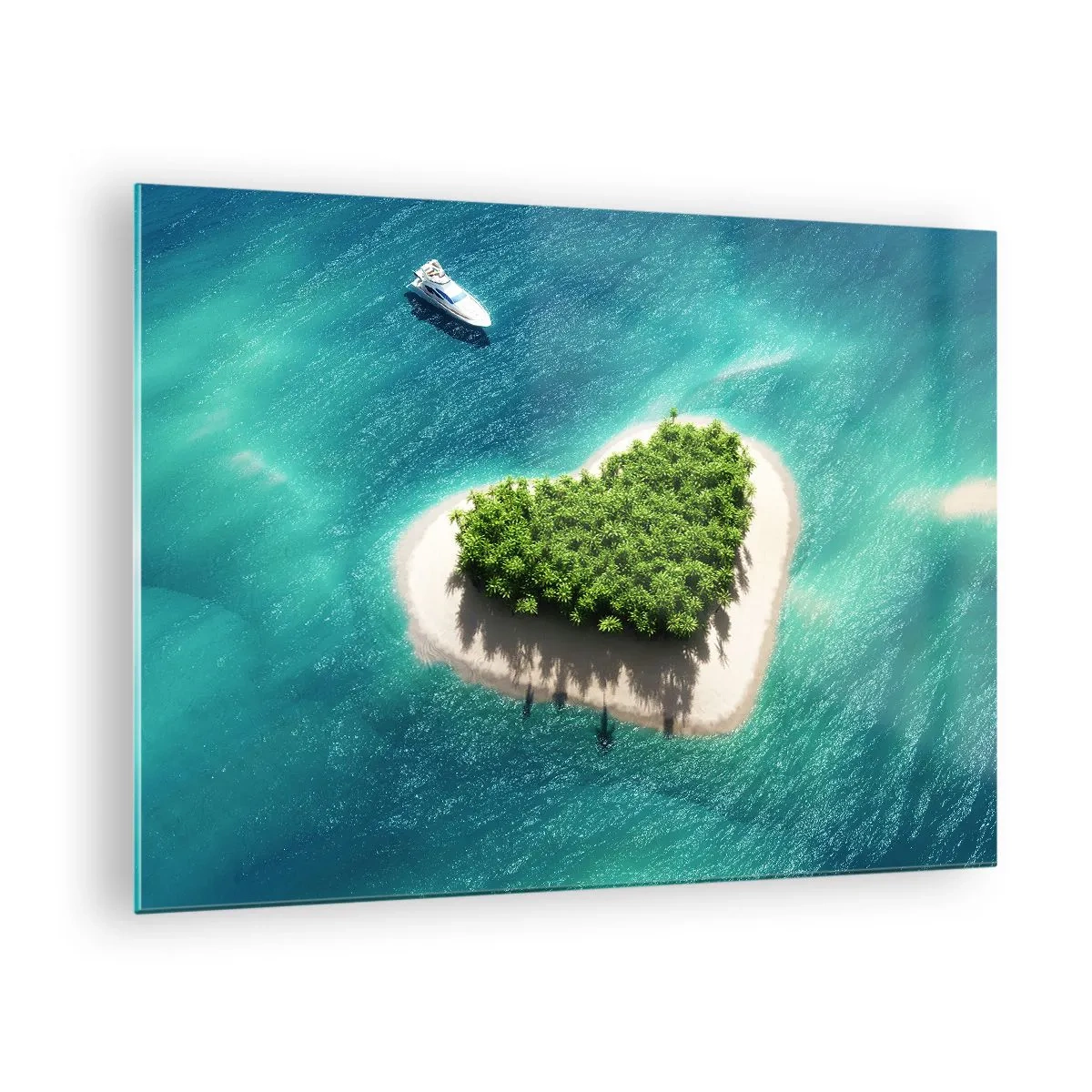 Quadro em vidro - Ilustração de uma ilha em forma de coração com um barco contra um mar azul-turquesa - 70x50cm - Eu amo o verão - Decoração de parede moderna para a sala de estar e quarto ARTTOR
