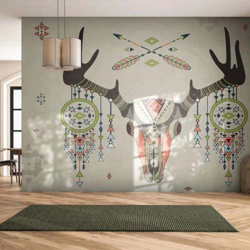 Papel de Parede Premium Sand - Troféu de caçador indiano - Abstração, Cervo, Boho - 250x175 cm
