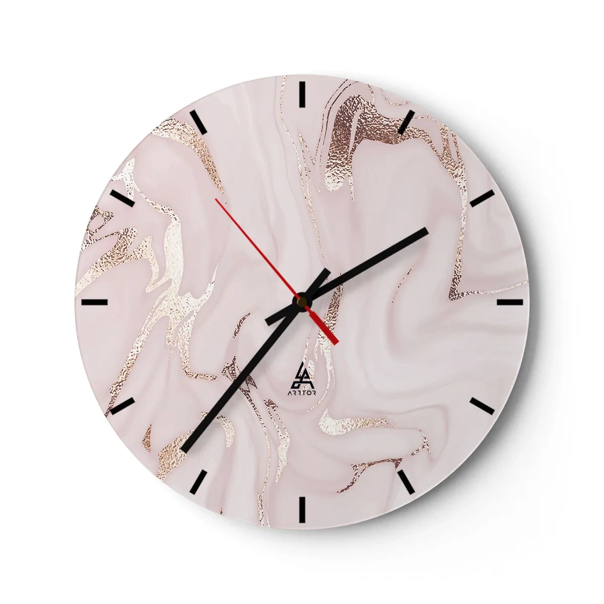 Relógio de parede - Relógio em vidro - Fundo de mármore rosa claro com veios dourados brilhantes - 30x30cm - Num lenço cor-de-rosa - Decoração de parede moderna para a sala de estar, cozinha e quarto ARTTOR