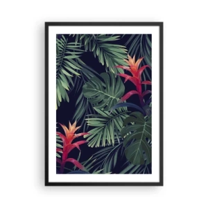 Pôster com moldura preta - Folhas e flores tropicais em um fundo escuro - 50x70cm - Queimar em verde - Decoração de parede moderna para a sala de estar e quarto ARTTOR
