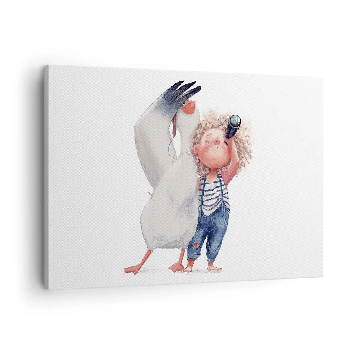 Quadro em tela - Ilustração de uma criança com um pelicano e um telescópio na mão - 70x50cm - O itinerário da grande viagem - Decoração de parede moderna para a sala de estar e quarto ARTTOR