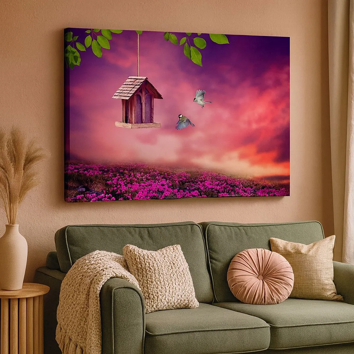 Quadro em tela - Uma paisagem pitoresca com uma casa de pássaros e um pôr do sol - 70x50cm - Convite para jantar - Decoração de parede moderna para a sala de estar e quarto ARTTOR