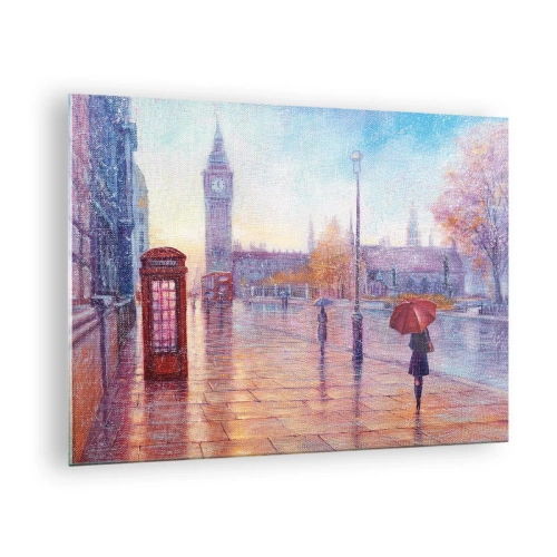 Quadro em vidro - Cena de Londres na chuva com o Big Ben e a caixa vermelha - 70x50cm - Um dia de outono em Londres - Decoração de parede moderna para a sala de estar e quarto ARTTOR