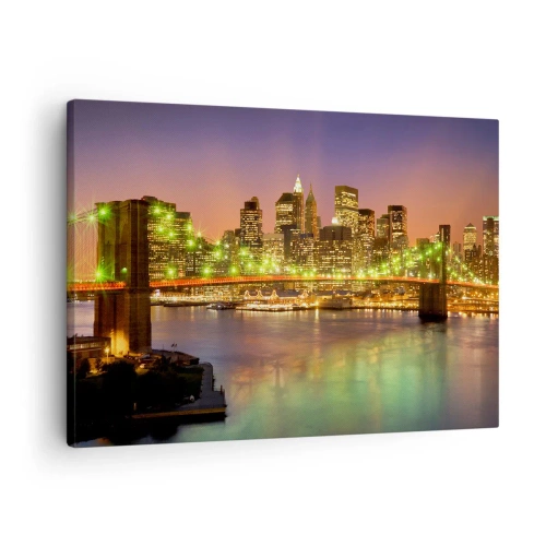 Quadro em tela - Ponte iluminada em uma cidade moderna à noite - 70x50cm - Aqui a luz nunca se apaga - Decoração de parede moderna para a sala de estar e quarto ARTTOR