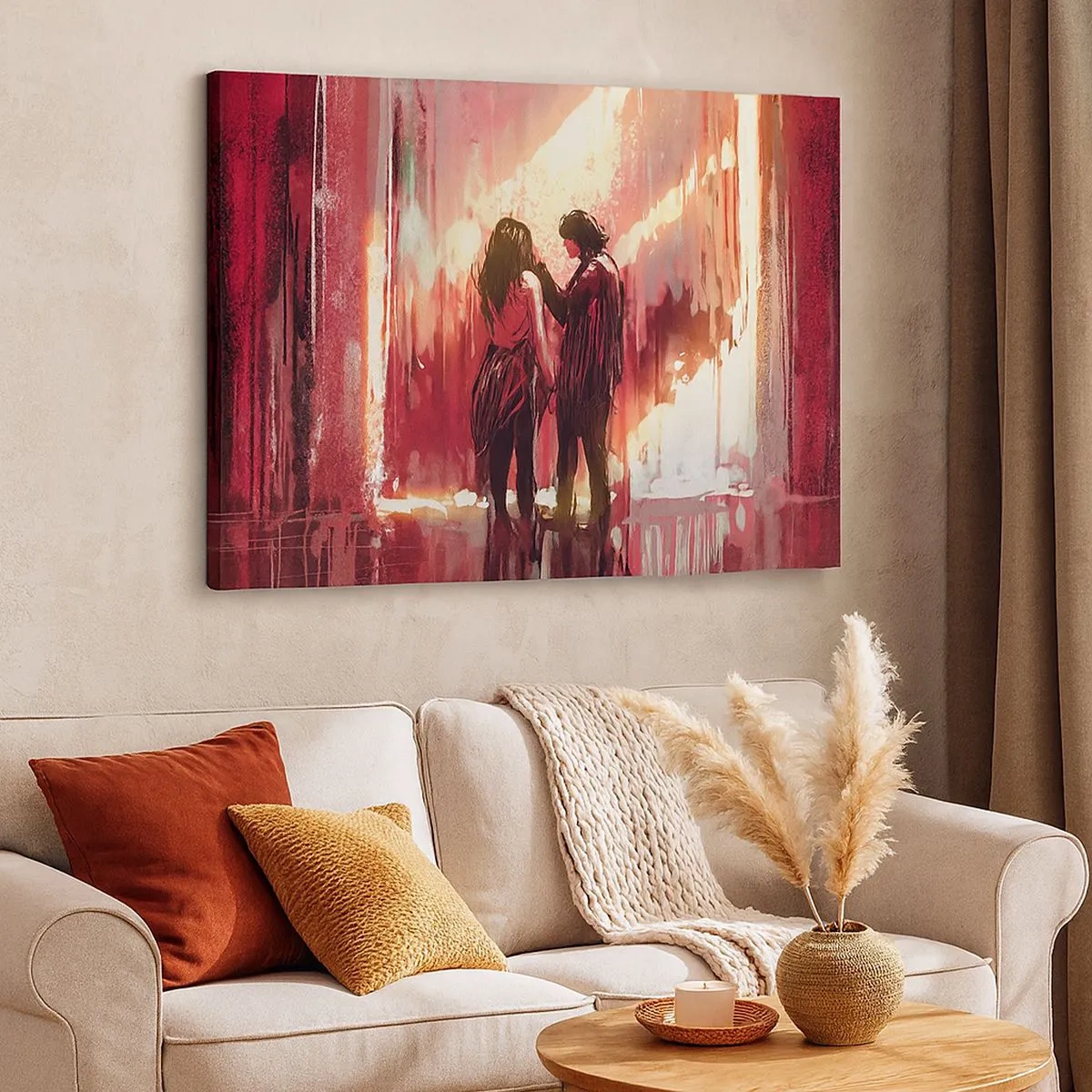 Quadro em tela - Um casal em pé sob uma luz quente contra um fundo de padrões abstratos. - 70x50cm - O eterno espetáculo do amor - Decoração de parede moderna para a sala de estar e quarto ARTTOR