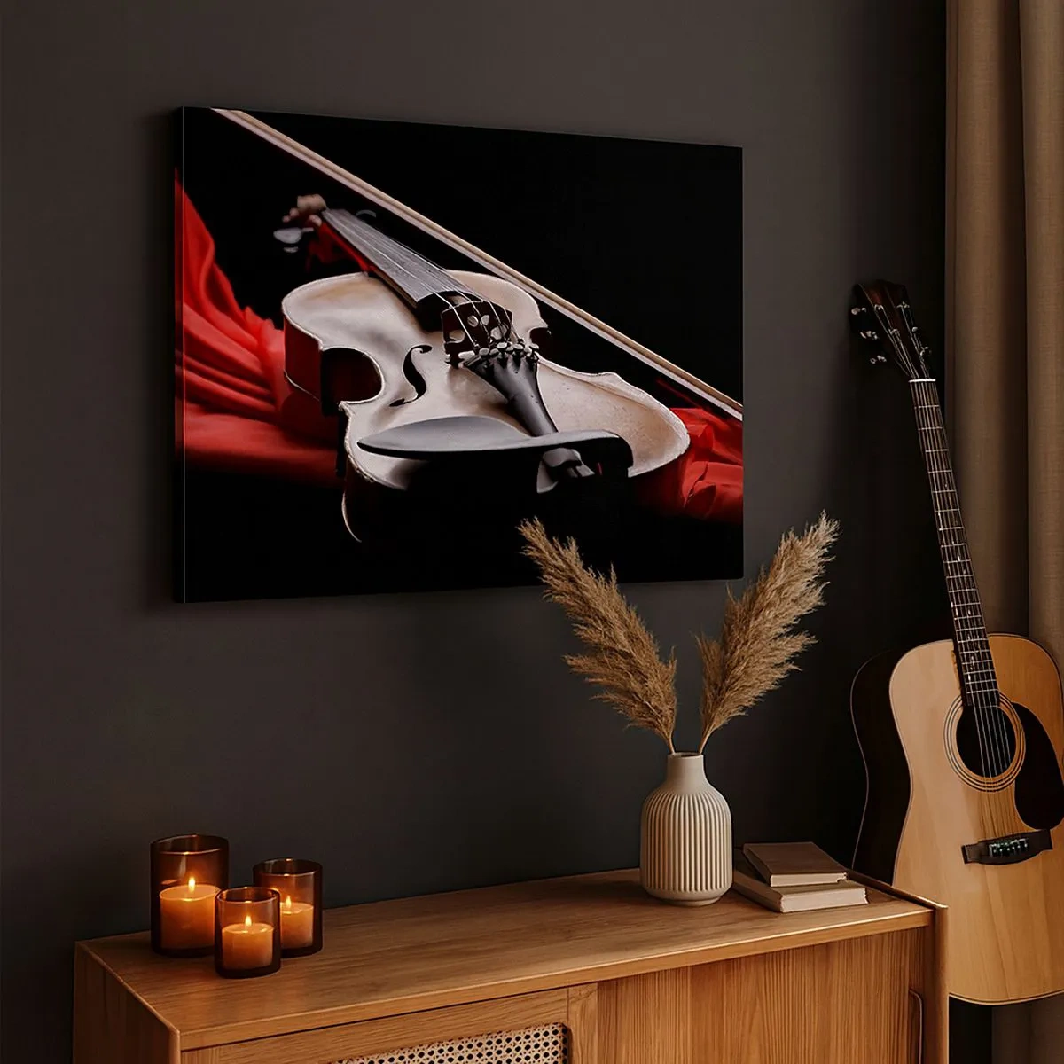 Quadro em tela - Violino sobre tecido vermelho com fundo preto - 70x50cm - Música de sentimentos - Decoração de parede moderna para a sala de estar e quarto ARTTOR