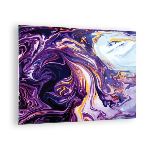 Quadro em vidro - Padrão abstrato em tons de roxo e branco com linhas dinâmicas - 70x50cm - Onde o espaço se dobra em roxo - Decoração de parede moderna para a sala de estar e quarto ARTTOR