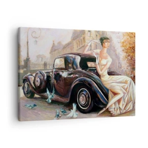 Quadro em tela - Mulher retrô ao lado de carro clássico - 70x50cm - Elegância retro - Decoração de parede moderna para a sala de estar e quarto ARTTOR