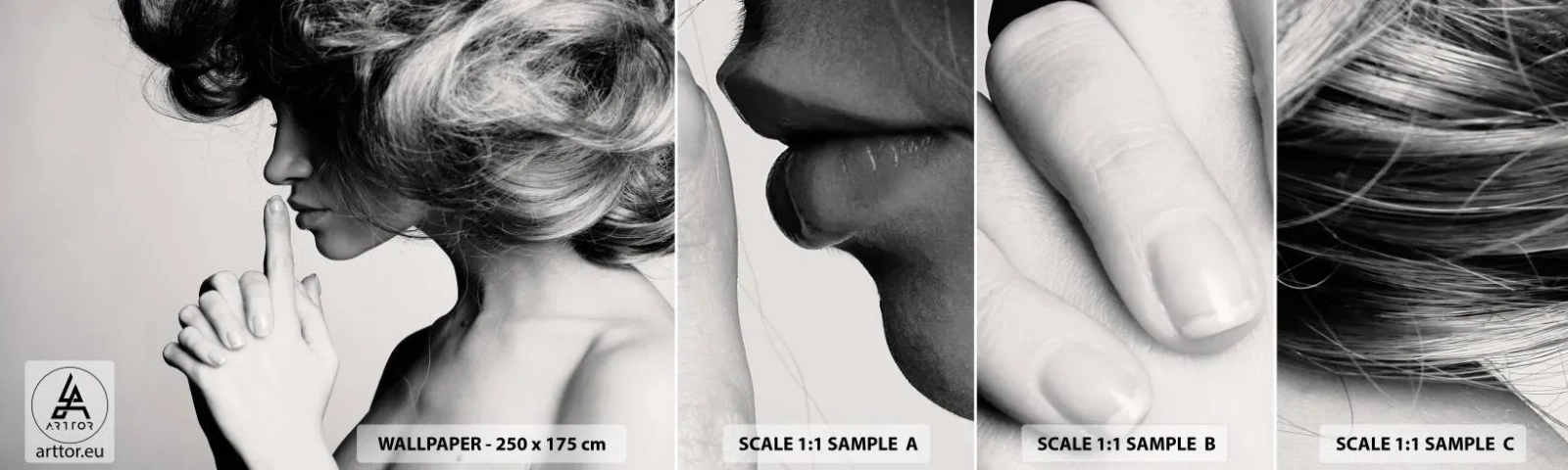 Amostra de papel de parede autocolante Deluxe Sticker - Ouvindo-se a si própria - Mulher, Modelo, Rosto de mulher - 100x30 cm