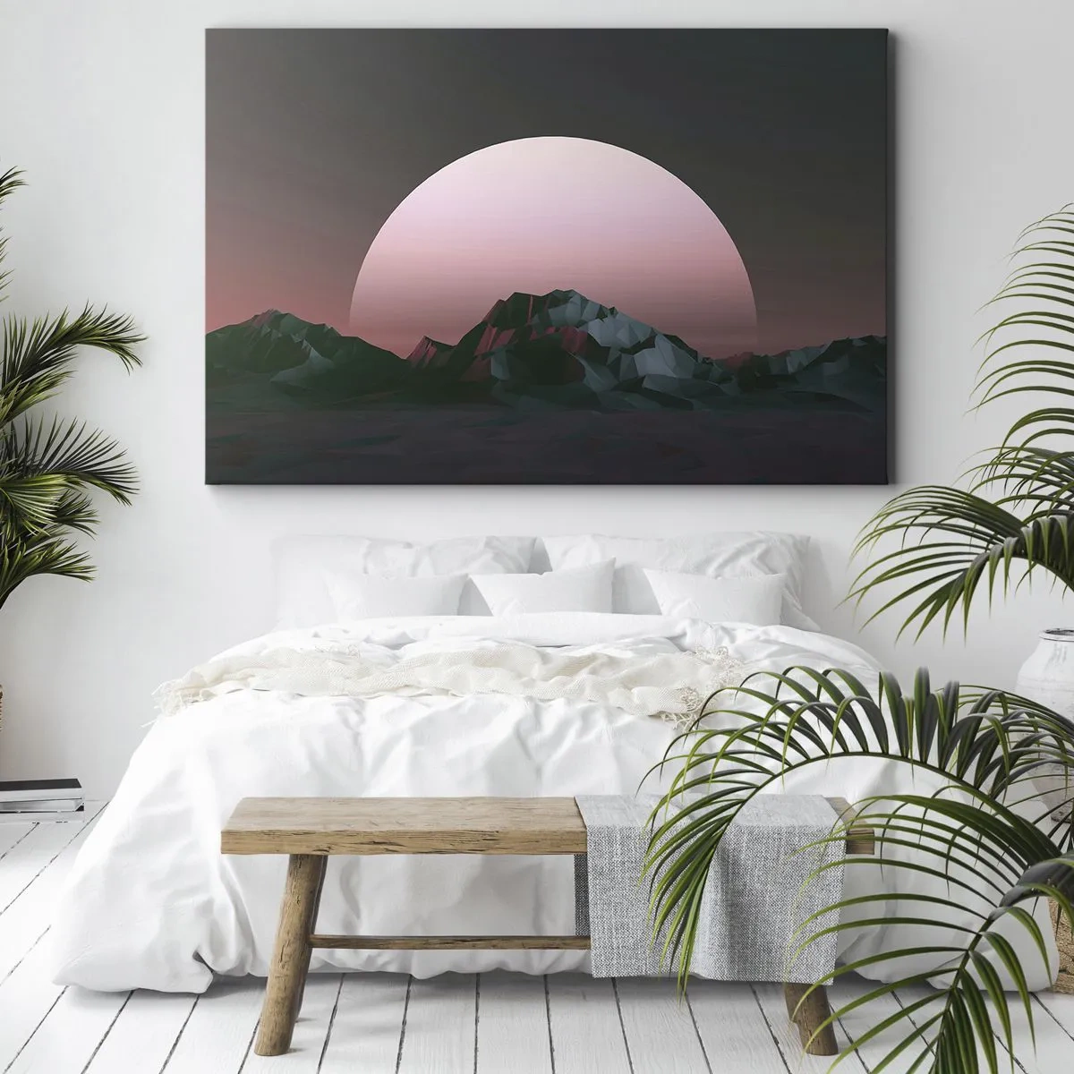 Quadro em tela - Montanhas geométricas com o pôr do sol ao fundo - 70x50cm - Numa galáxia vizinha - Decoração de parede moderna para a sala de estar e quarto ARTTOR