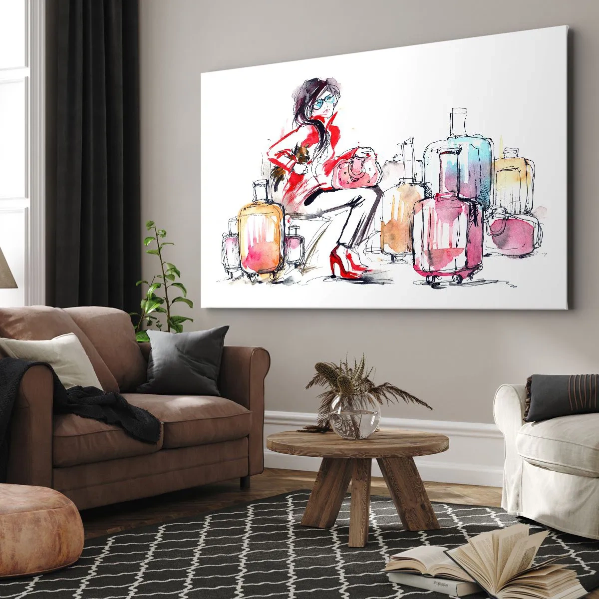 Quadro em tela - Uma mulher com malas em uma ilustração dinâmica em aquarela - 70x50cm - Vamos sentar antes da viagem - Decoração de parede moderna para a sala de estar e quarto ARTTOR