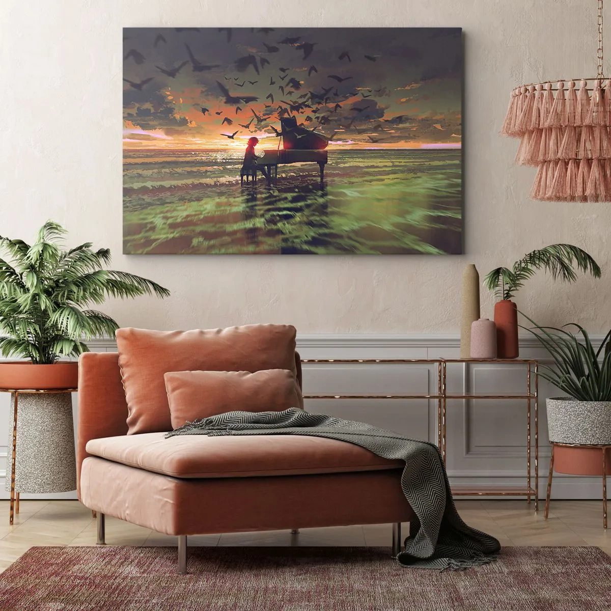 Quadro em tela - Um piano na praia ao pôr do sol com pássaros - 70x50cm - Um concerto de piano e ondas - Decoração de parede moderna para a sala de estar e quarto ARTTOR