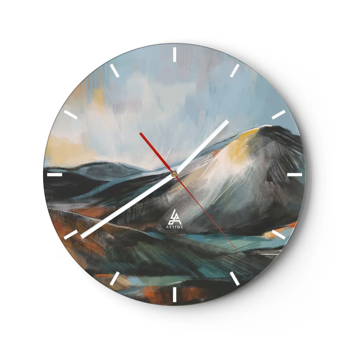 Relógio de parede - Relógio em vidro - Uma paisagem montanhosa pitoresca em cores quentes - 30x30cm - Cru e lindo - Decoração de parede moderna para a sala de estar, cozinha e quarto ARTTOR