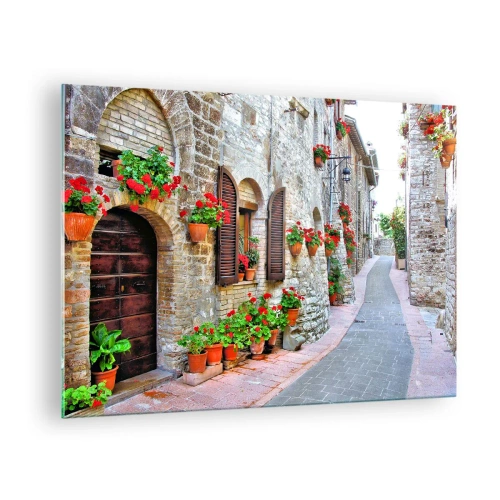 Quadro em vidro - Uma rua pitoresca com muros de pedra e flores vermelhas - 70x50cm - Vibrações italianas - Decoração de parede moderna para a sala de estar e quarto ARTTOR