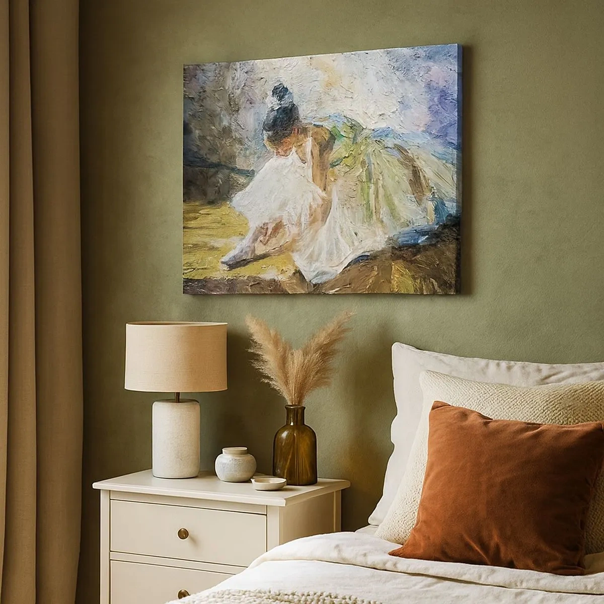Quadro em tela - Uma bailarina de vestido branco em estilo pictórico sobre um fundo impressionista. - 70x50cm - Do quadro de Degas - Decoração de parede moderna para a sala de estar e quarto ARTTOR