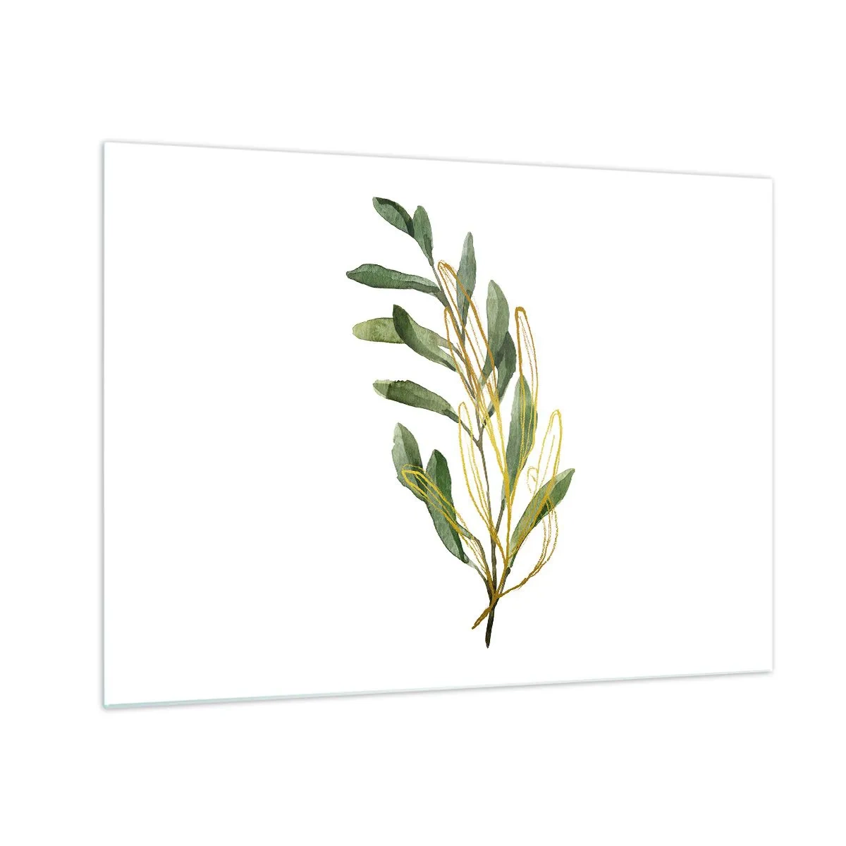 Quadro em vidro - Um ramo verde com um delicado toque dourado - 70x50cm - Tudo que é bom - Decoração de parede moderna para a sala de estar e quarto ARTTOR