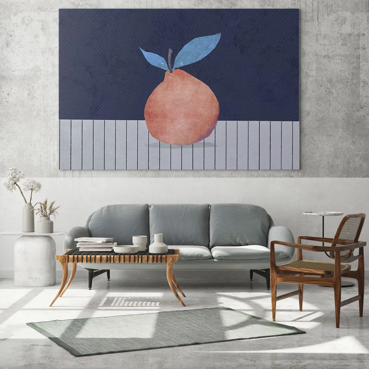 Quadro em vidro - Uma fruta com forma abstrata contra uma composição geométrica - 70x50cm - Convexidade e plano - Decoração de parede moderna para a sala de estar e quarto ARTTOR